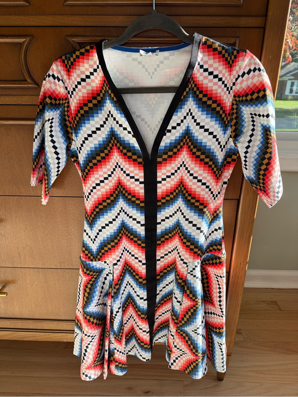 Kenzo Multicolor Chevron V-Neck Dress with Black Trim